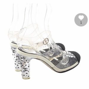 Clear and Black Peep-Toe Heels with Confetti Lucite Heel